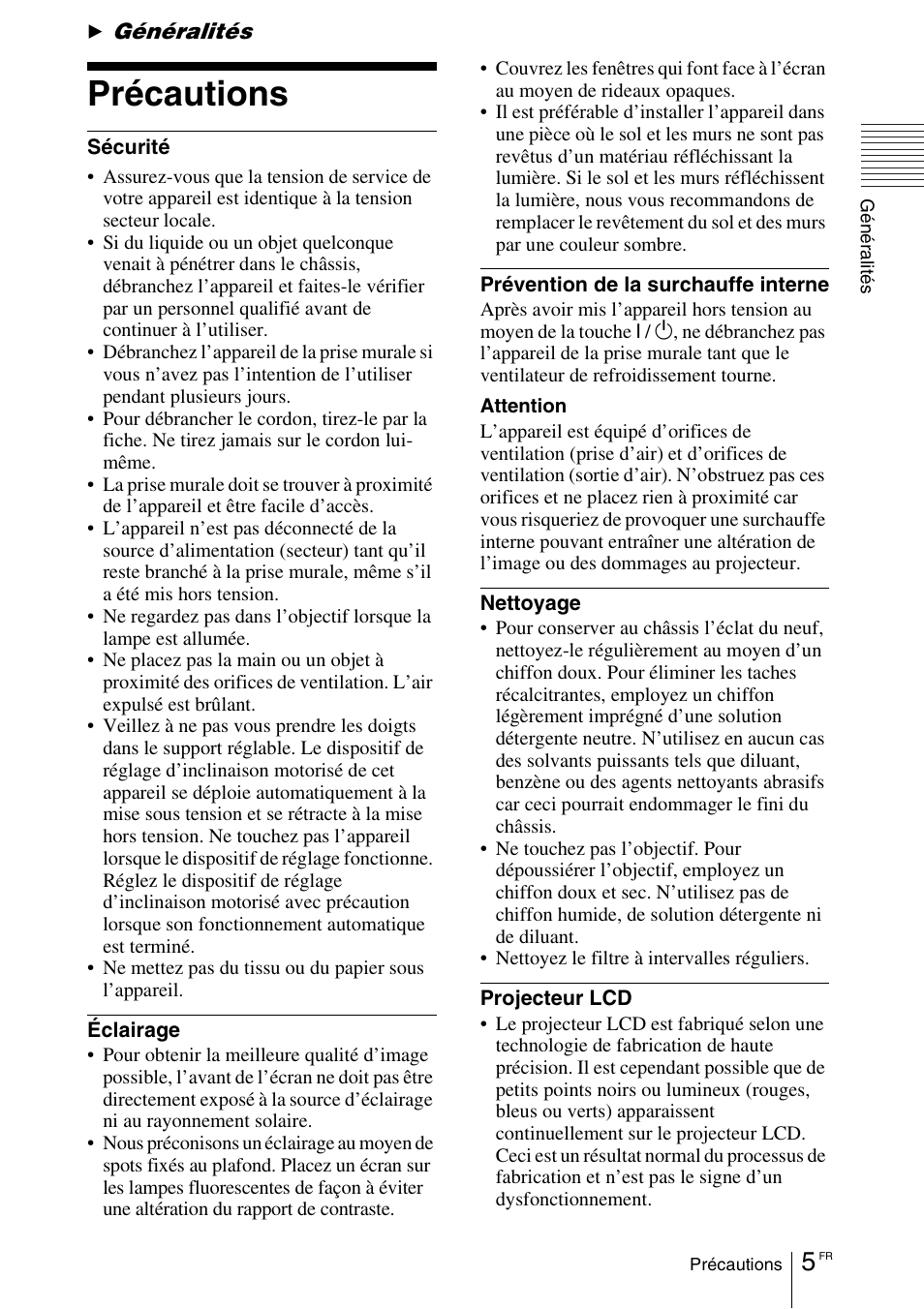Généralités, Précautions | Sony VPL-CX70 User Manual | Page 63 / 180