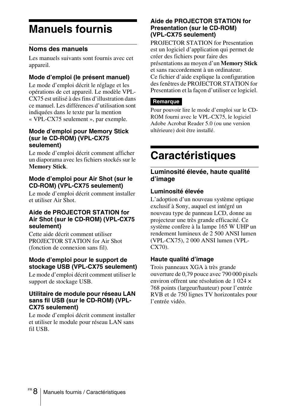 Manuels fournis, Caractéristiques | Sony VPL-CX70 User Manual | Page 66 / 180