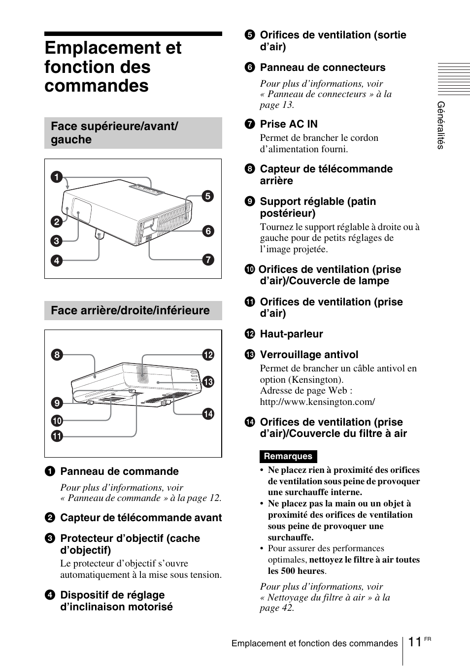 Emplacement et fonction des commandes, Face supérieure/avant/ gauche, Face arrière/droite/inférieure | Face supérieure/avant/gauche | Sony VPL-CX70 User Manual | Page 69 / 180