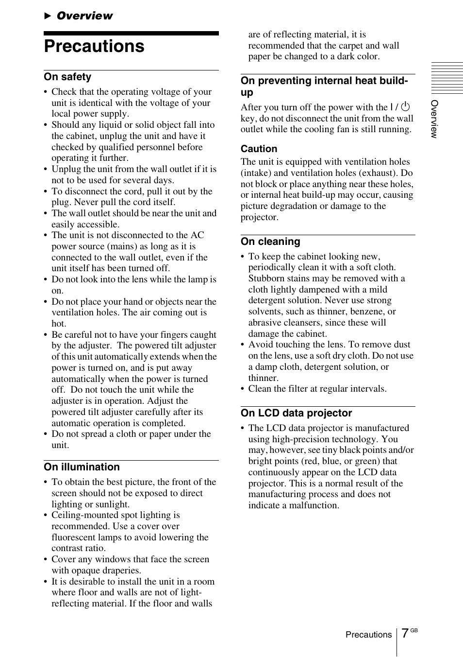 Overview, Precautions | Sony VPL-CX70 User Manual | Page 7 / 180