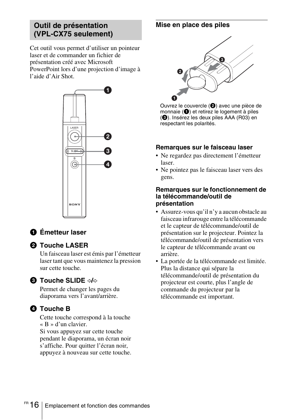 Outil de présentation (vpl-cx75 seulement), Outil de présentation (vpl-cx75, Seulement) | Sony VPL-CX70 User Manual | Page 74 / 180