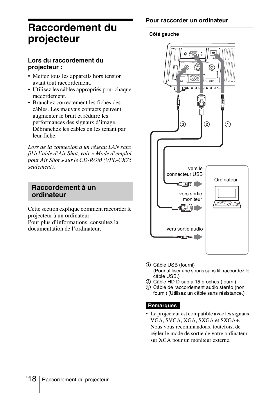 Raccordement du projecteur, Raccordement à un ordinateur, Lors du raccordement du projecteur | Sony VPL-CX70 User Manual | Page 76 / 180