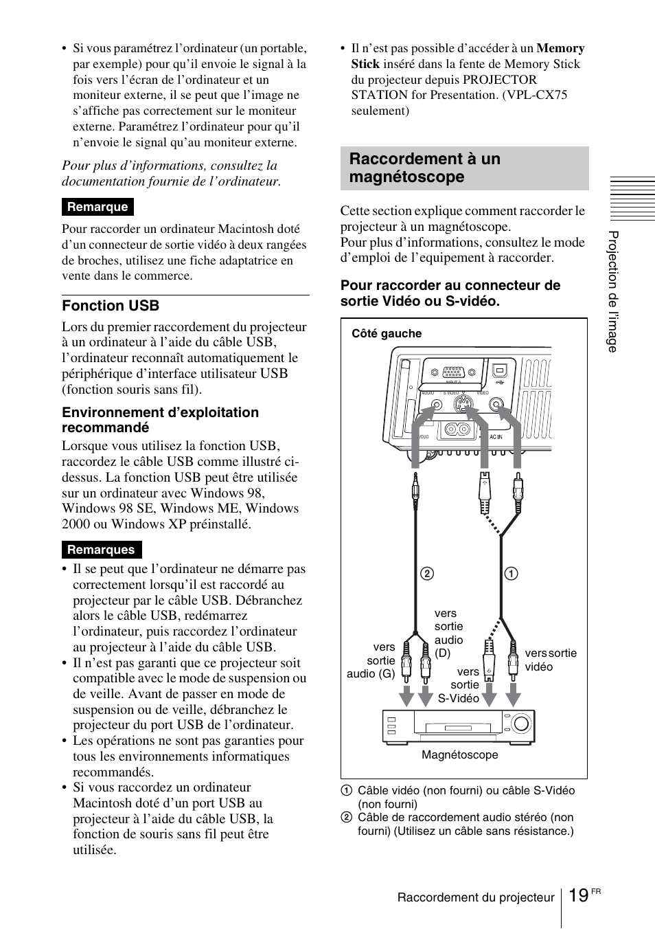 Raccordement à un magnétoscope, Raccordement à un, Magnétoscope | Fonction usb | Sony VPL-CX70 User Manual | Page 77 / 180
