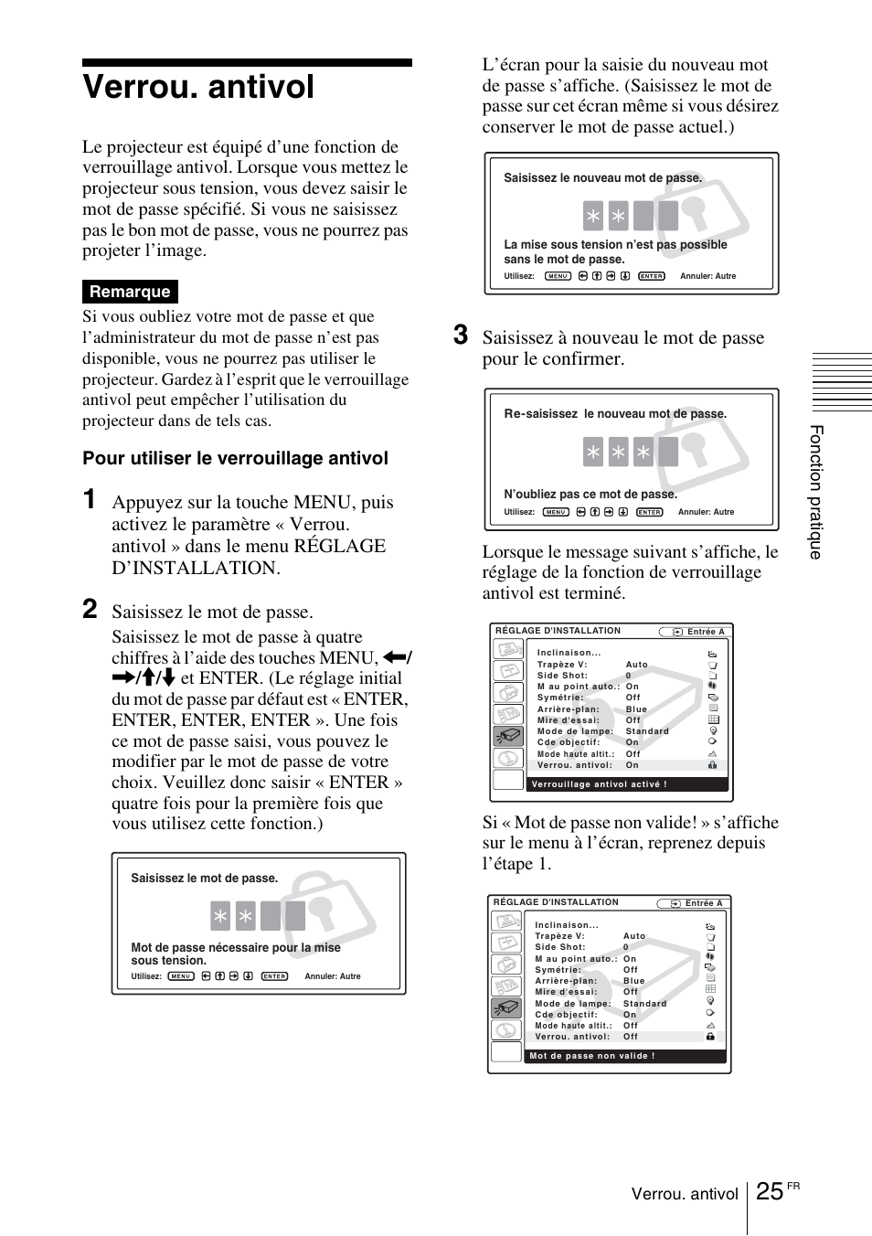 Verrou. antivol, Dans le menu réglage d’installation, Saisissez le mot de passe | Pour utiliser le verrouillage antivol, Fon c tio n pr at iq ue | Sony VPL-CX70 User Manual | Page 83 / 180