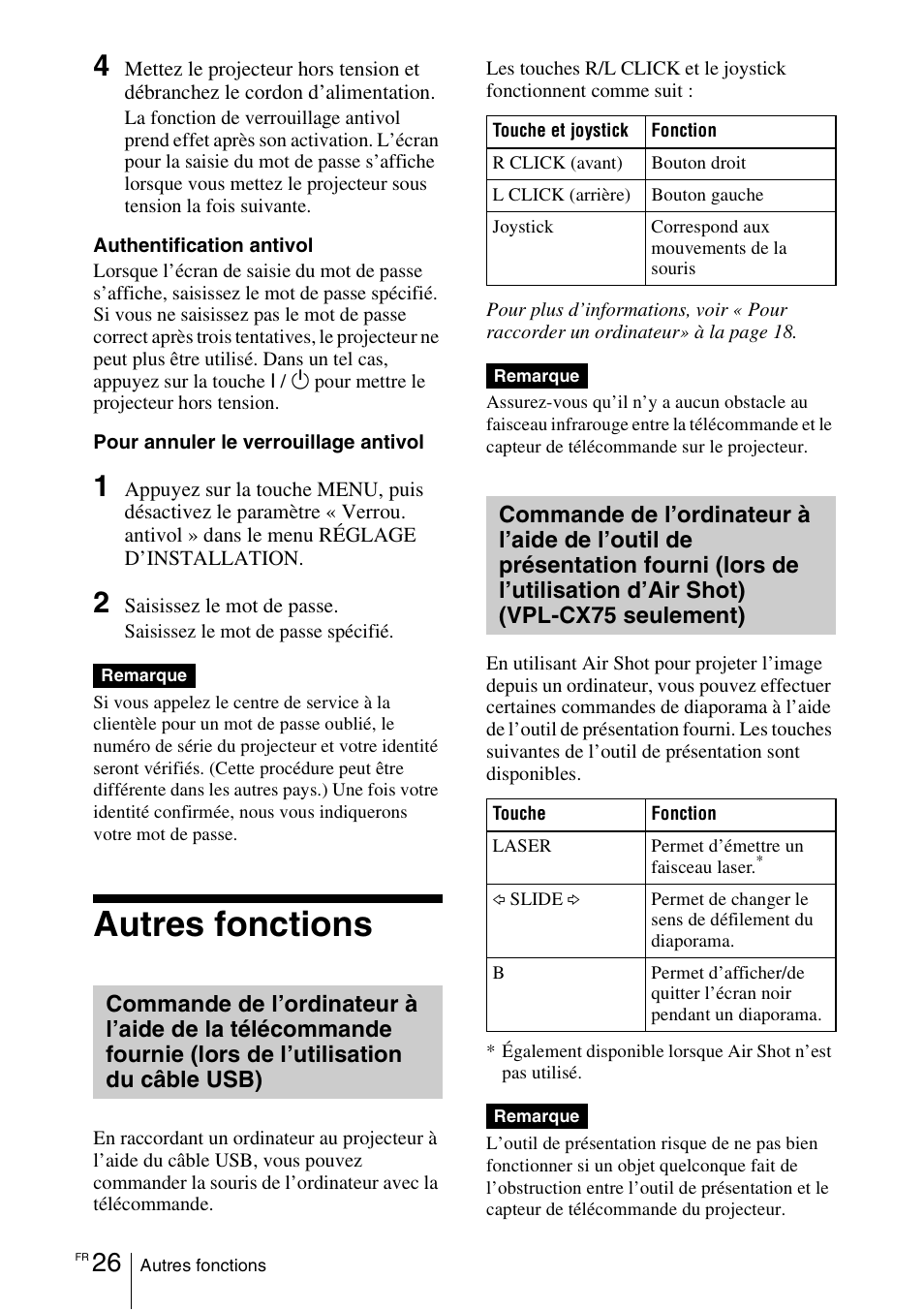 Autres fonctions, Commande de l’ordinateur à l’aide | Sony VPL-CX70 User Manual | Page 84 / 180