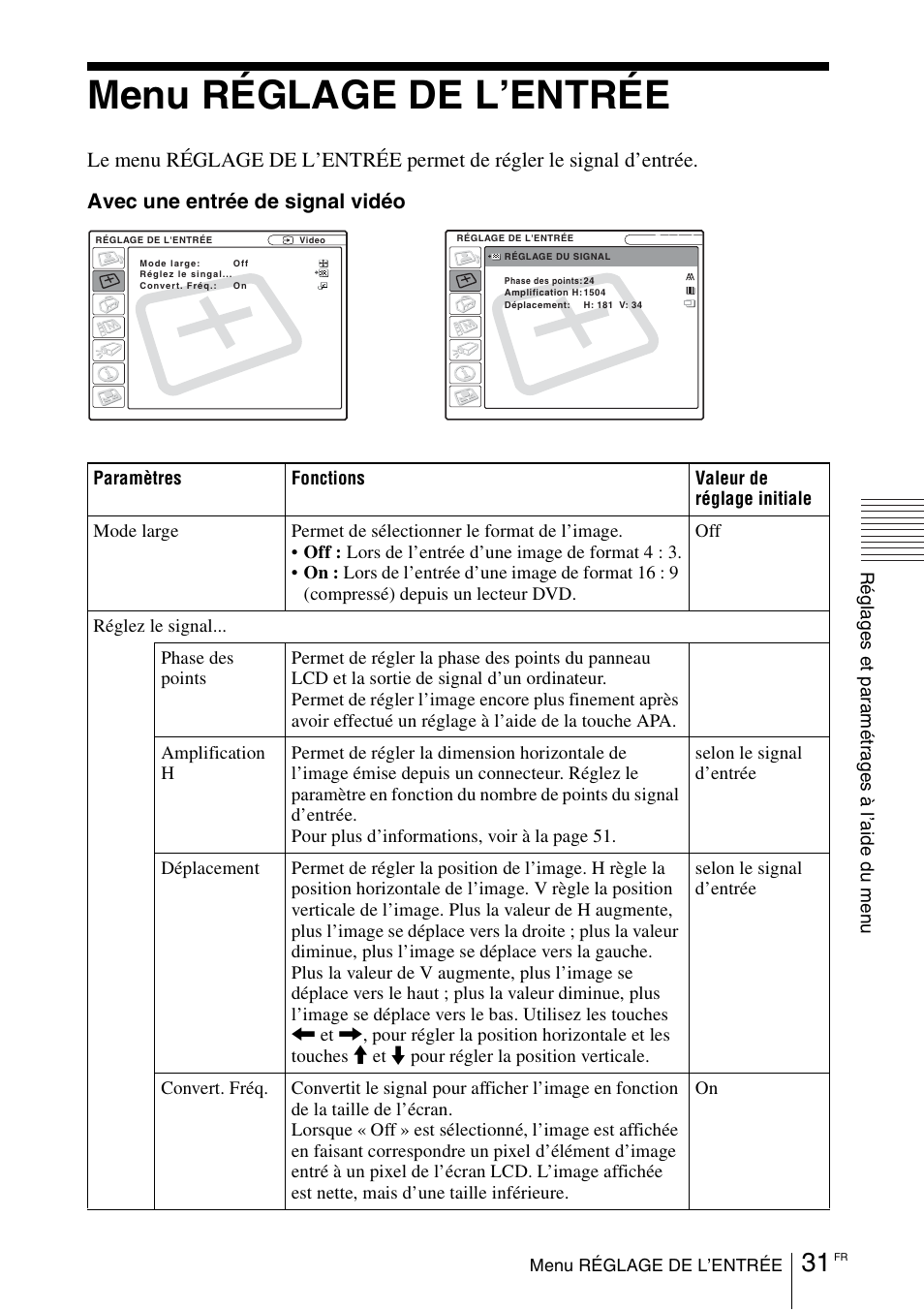 Menu réglage de l’entrée | Sony VPL-CX70 User Manual | Page 89 / 180