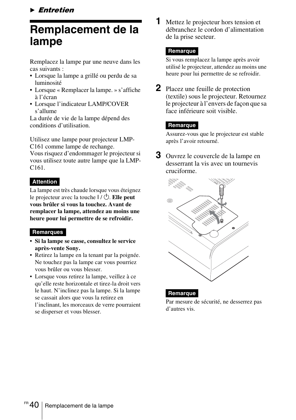 Entretien, Remplacement de la lampe | Sony VPL-CX70 User Manual | Page 98 / 180