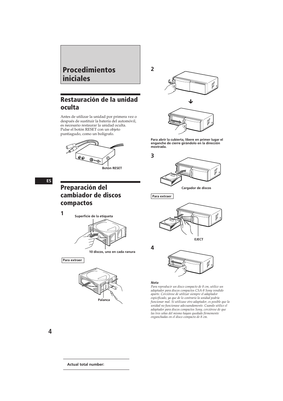 Procedimientos iniciales, Restauración de la unidad oculta, Preparación del cambiador de discos compactos | Sony CDX-52RF User Manual | Page 16 / 27