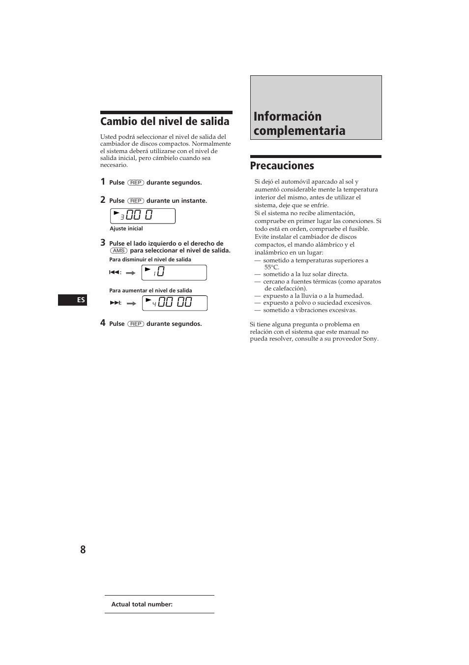 Información complementaria, Cambio del nivel de salida, Precauciones | Sony CDX-52RF User Manual | Page 20 / 27