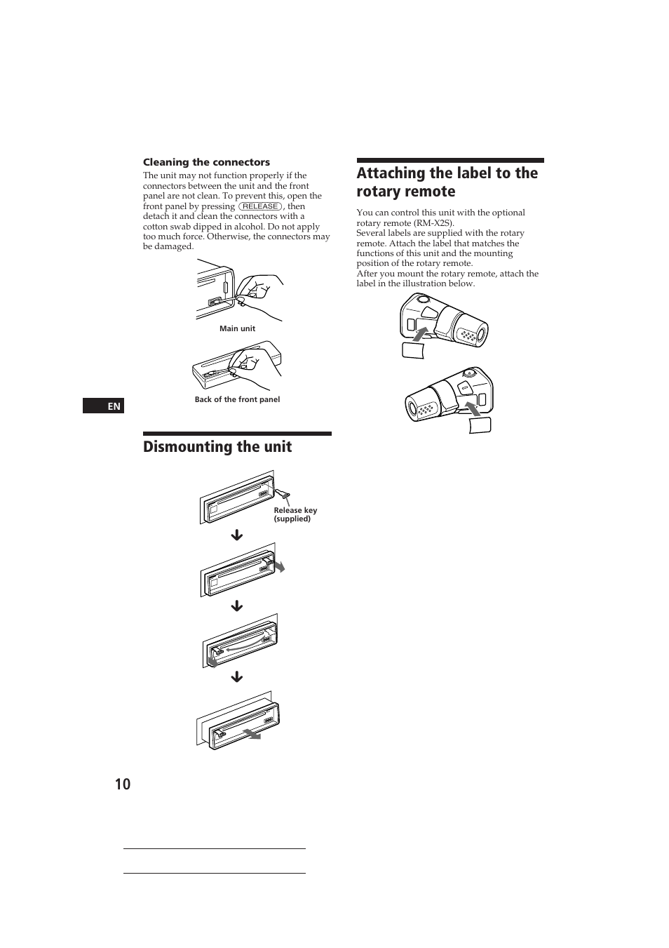 Attaching the label to the rotary remote, Dismounting the unit | Sony CDX-4160 User Manual | Page 10 / 32