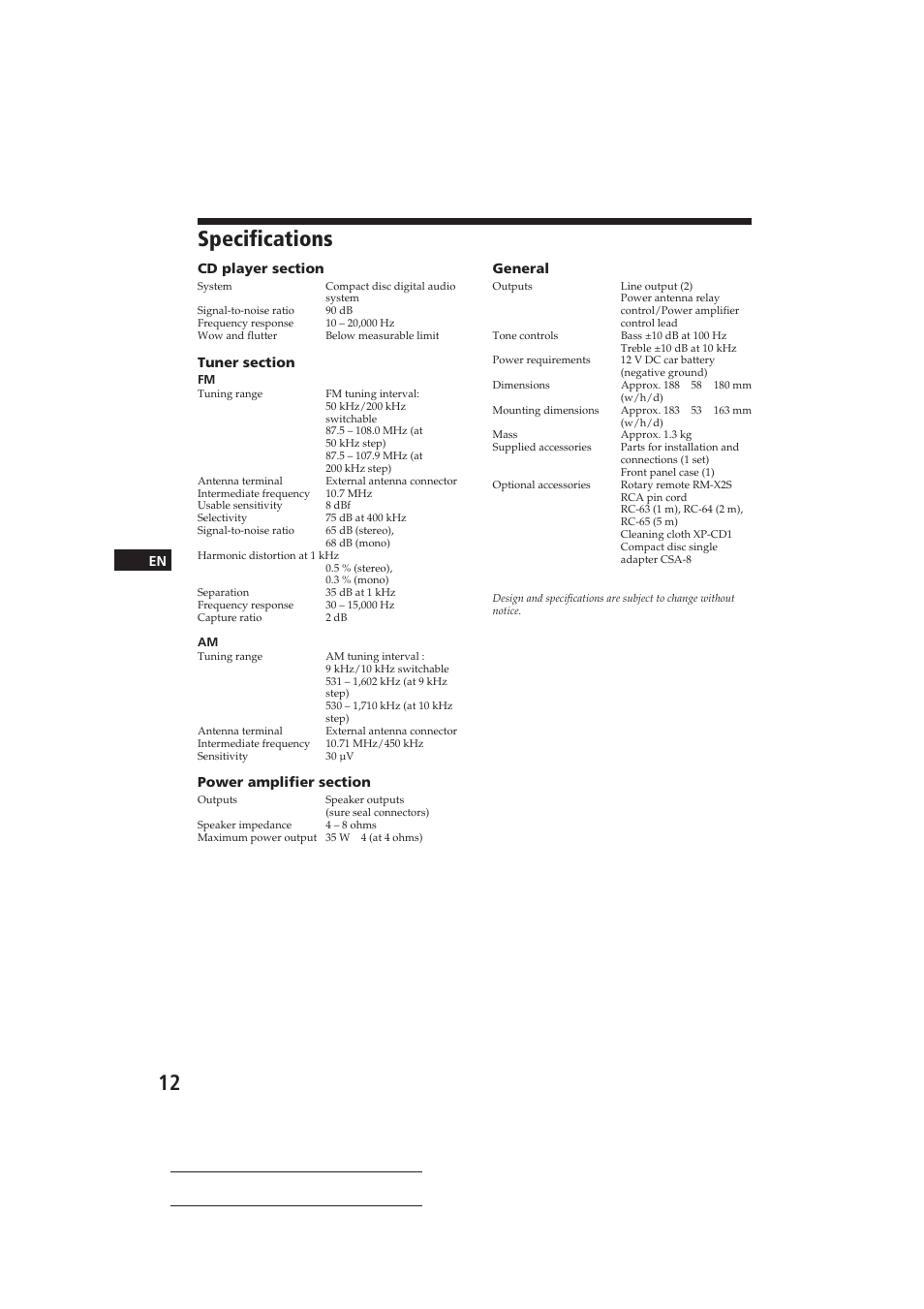 Specifications | Sony CDX-4160 User Manual | Page 12 / 32