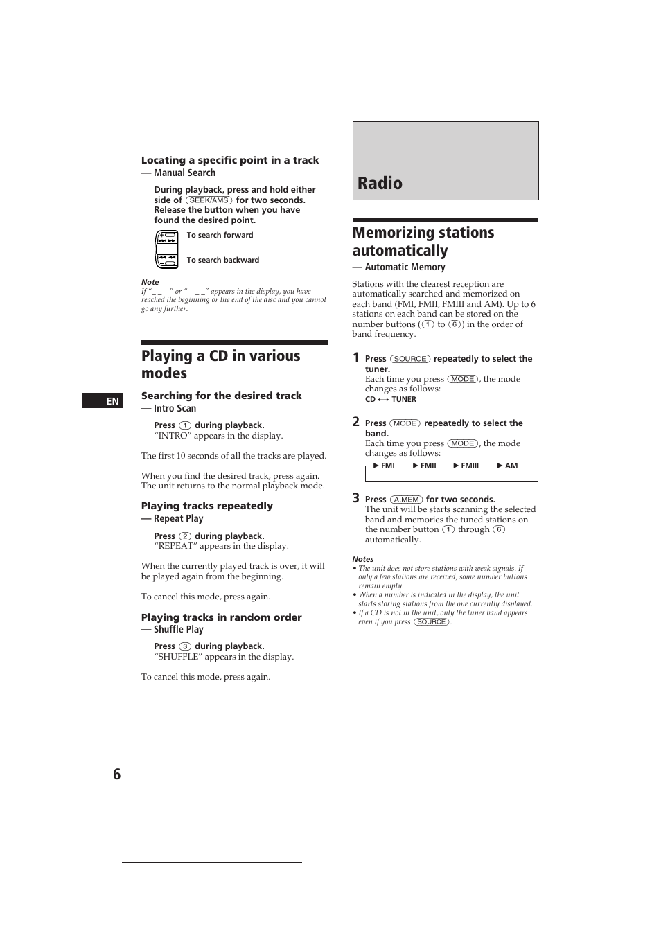 Radio, Playing a cd in various modes | Sony CDX-4160 User Manual | Page 6 / 32