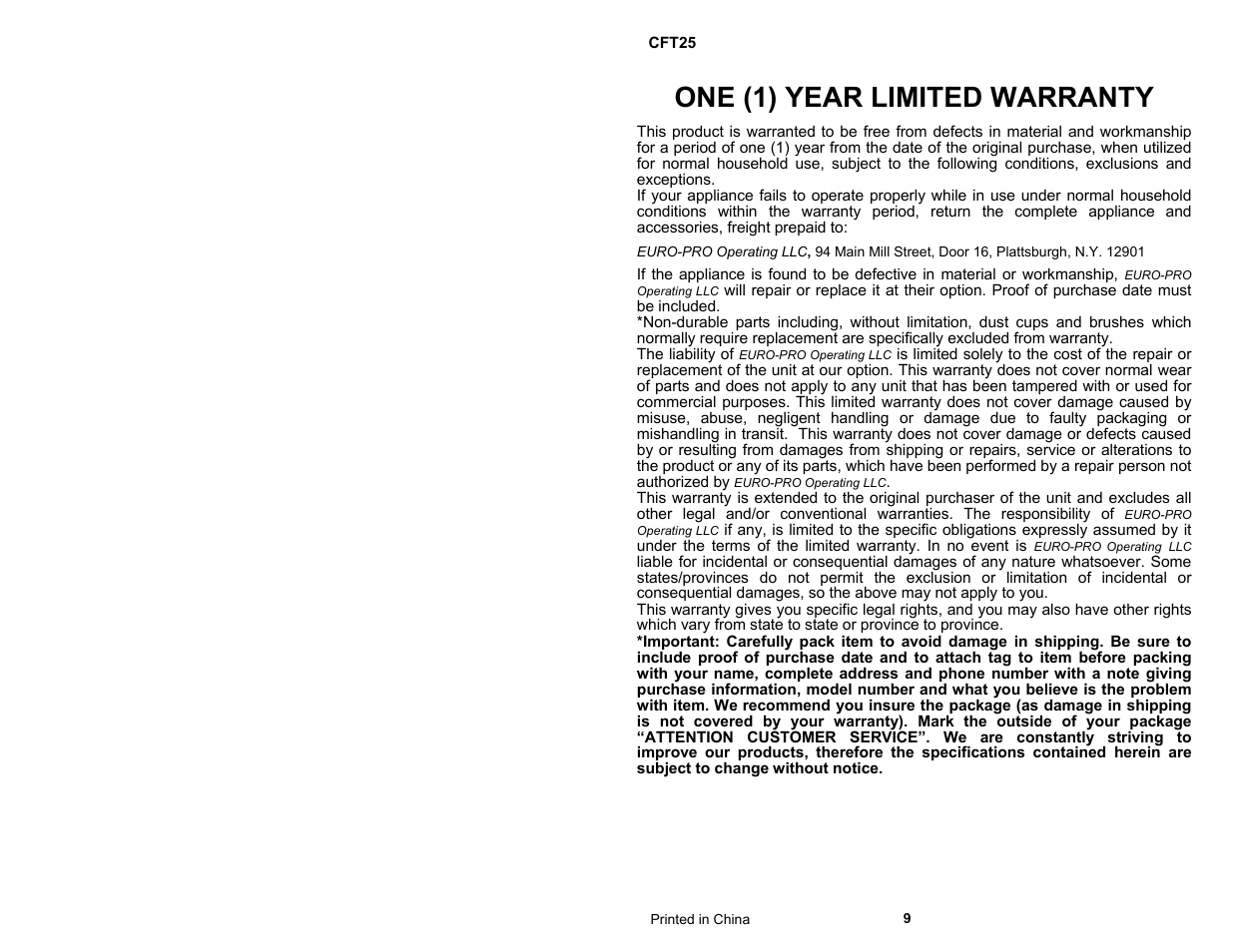 One (1) year limited warranty | ALDI CFT25 User Manual | Page 2 / 6