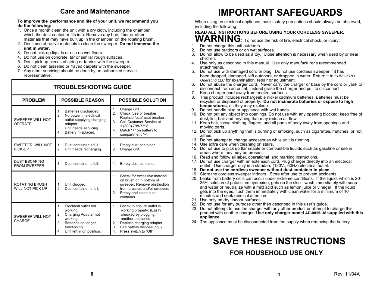 Important safeguards, Warning, Save these instructions | Care and maintenance, For household use only, Troubleshooting guide | ALDI CFT25 User Manual | Page 3 / 6