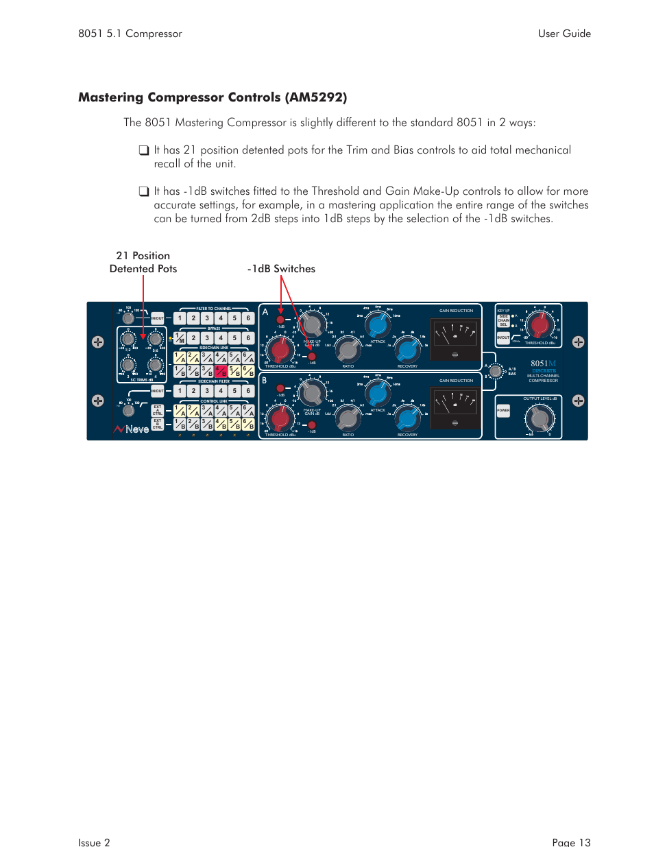 I/o wiring (am5052 & am5265) 15, Mastering compressor controls (am5292), 21 position detented pots -1db switches | Neve, 8051 m | AMS NEVE 8051 User Manual | Page 15 / 19