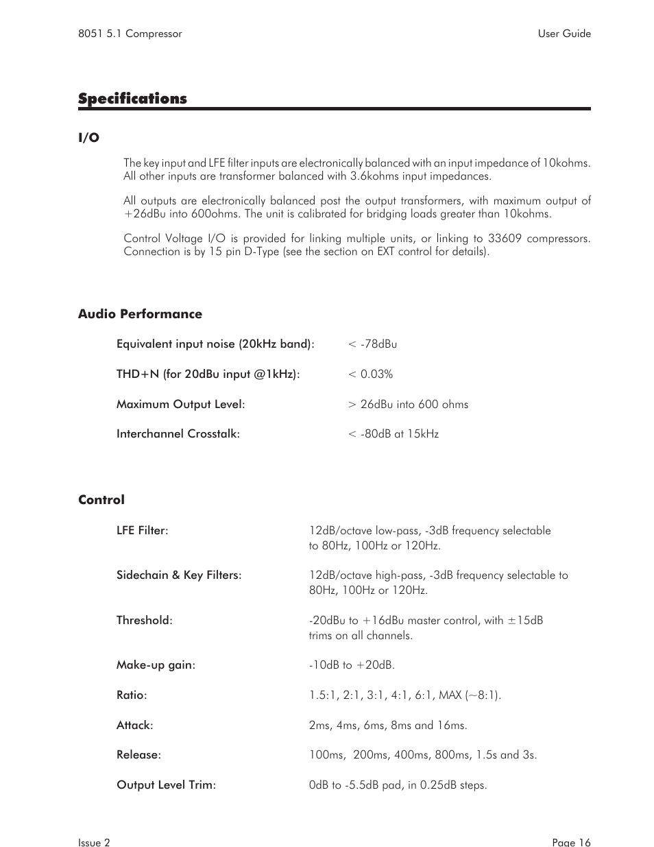Specifications | AMS NEVE 8051 User Manual | Page 18 / 19