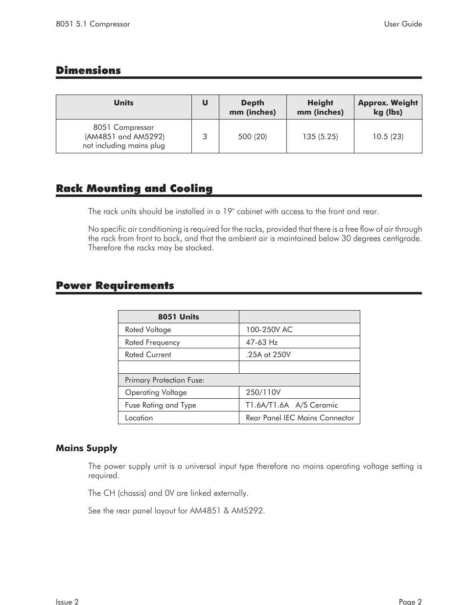 Rear panel connectors 3, Dimensions, Rack mounting and cooling | Power requirements | AMS NEVE 8051 User Manual | Page 4 / 19