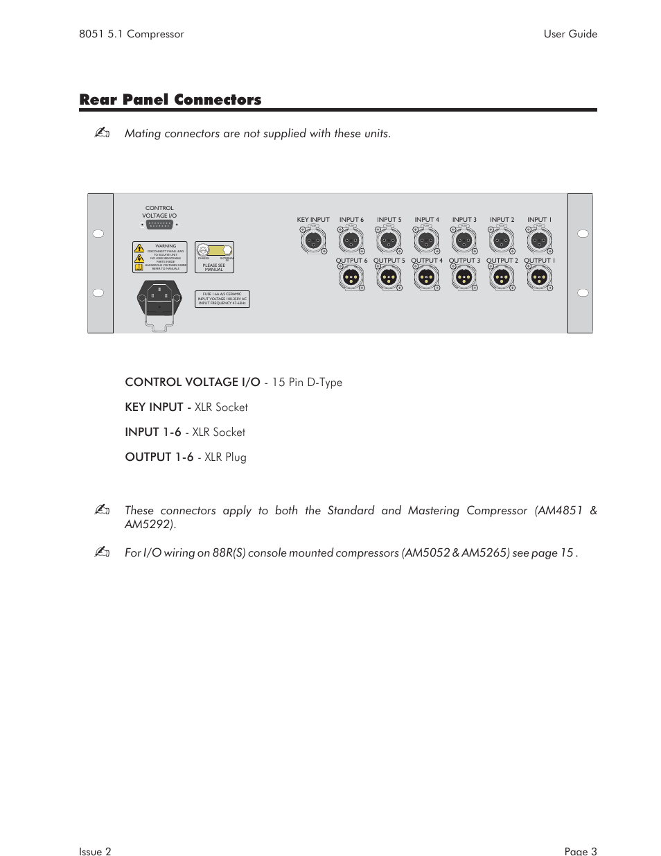 Compressor controls 4, Lfe filter (filter to channel) 4, Bypass 5 | Rear panel connectors | AMS NEVE 8051 User Manual | Page 5 / 19