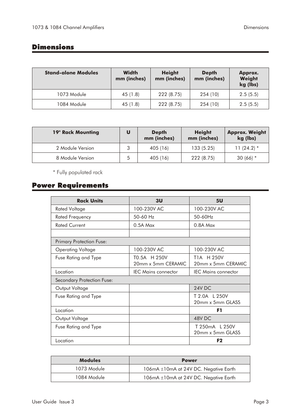 Di men sions, Power re quire ments | AMS 1073 User Manual | Page 5 / 44