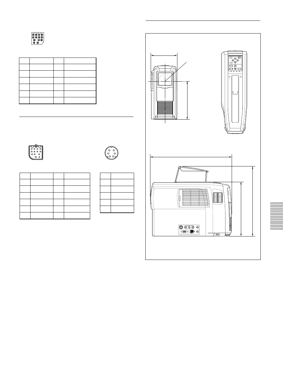 Mouse cable pin assignment, Dimensions, Mouse connector (13-pin, female) | Sic-s22, Front side top | Sony VPL-PX1 User Manual | Page 31 / 96