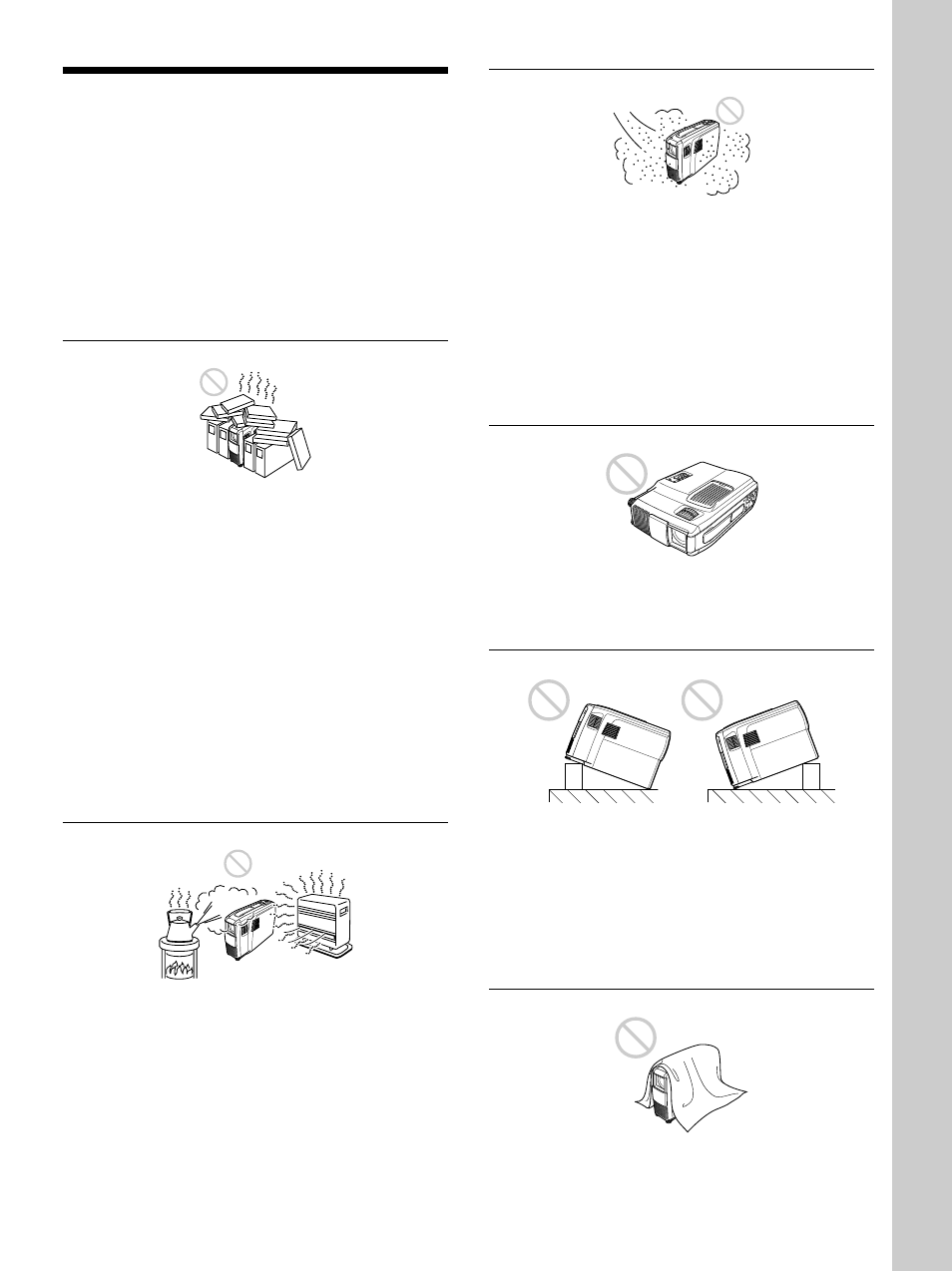 Divers, Conseils en vue de lﾕinstallation, Installation d残onseill仔 | Remarques concernant lﾕinstallation, Conseils en vue de l’installation, Diver s, Installation déconseillée, Remarques concernant l’installation | Sony VPL-PX1 User Manual | Page 59 / 96