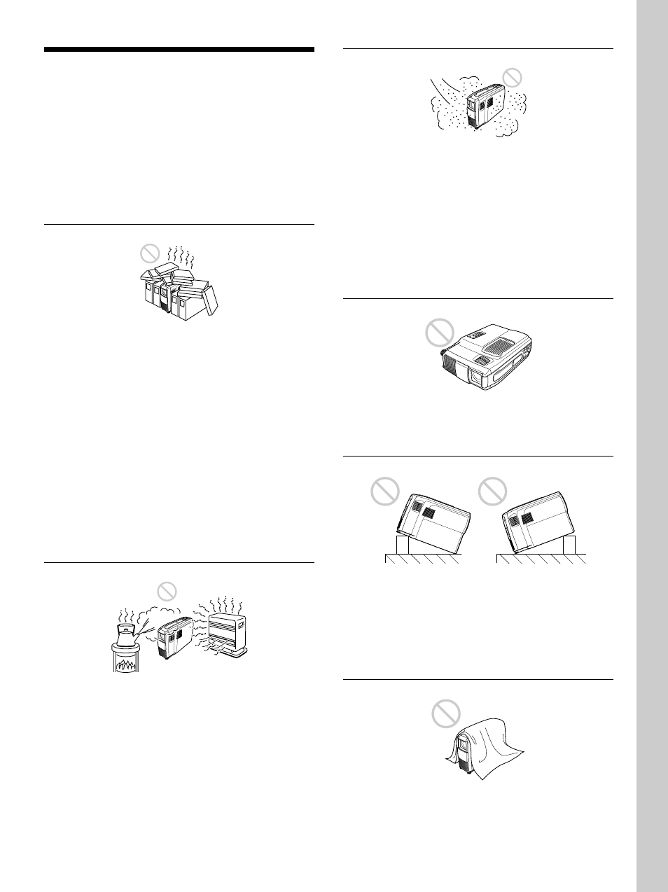 Otros, Consejos sobre la instalaci溶, Instalaci溶 inadecuada | Notas sobre la instalaci溶, Consejos sobre la instalación, Otr os, Instalación inadecuada, Notas sobre la instalación | Sony VPL-PX1 User Manual | Page 89 / 96