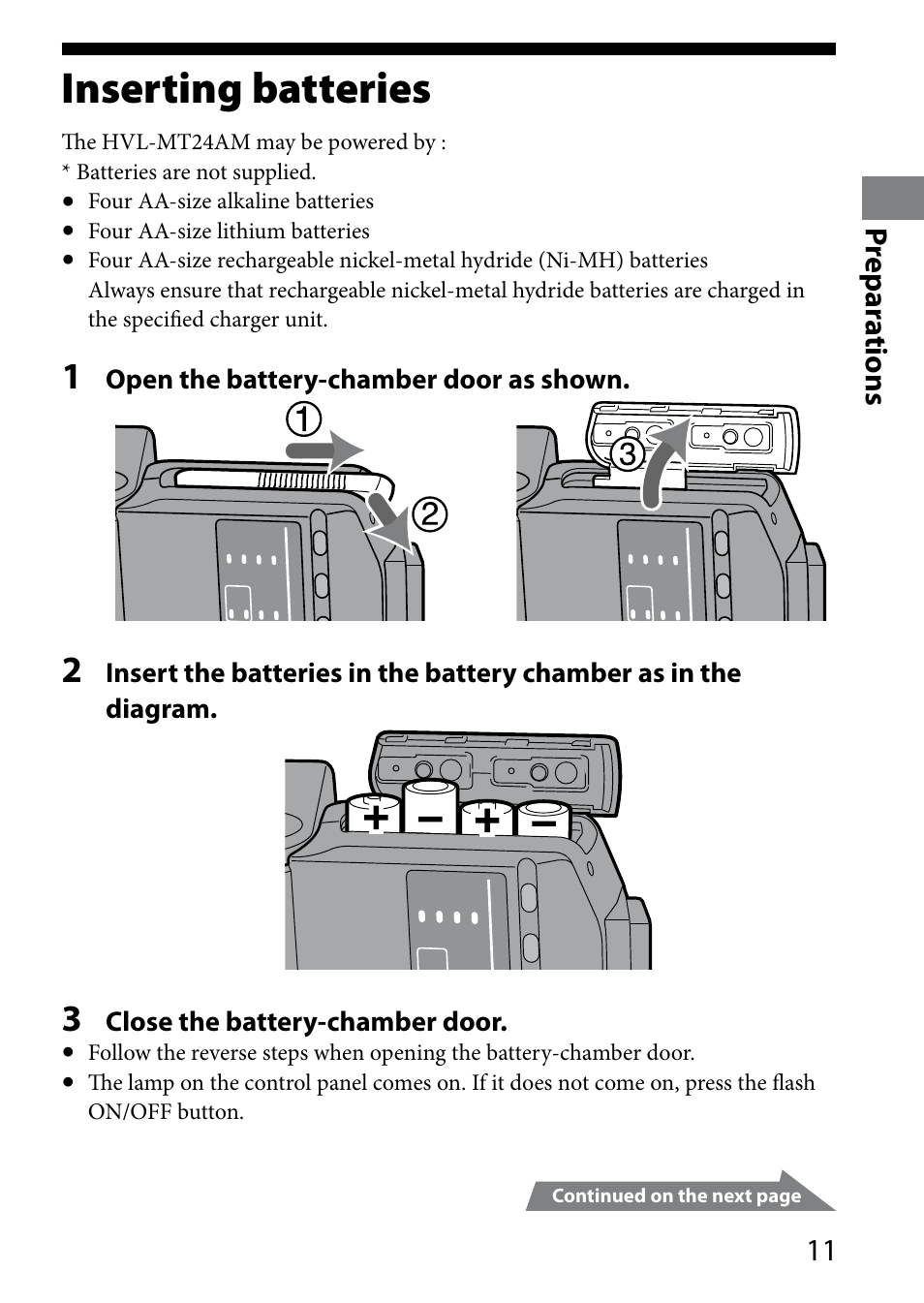 Inserting batteries | Sony HVL-MT24AM User Manual | Page 11 / 294