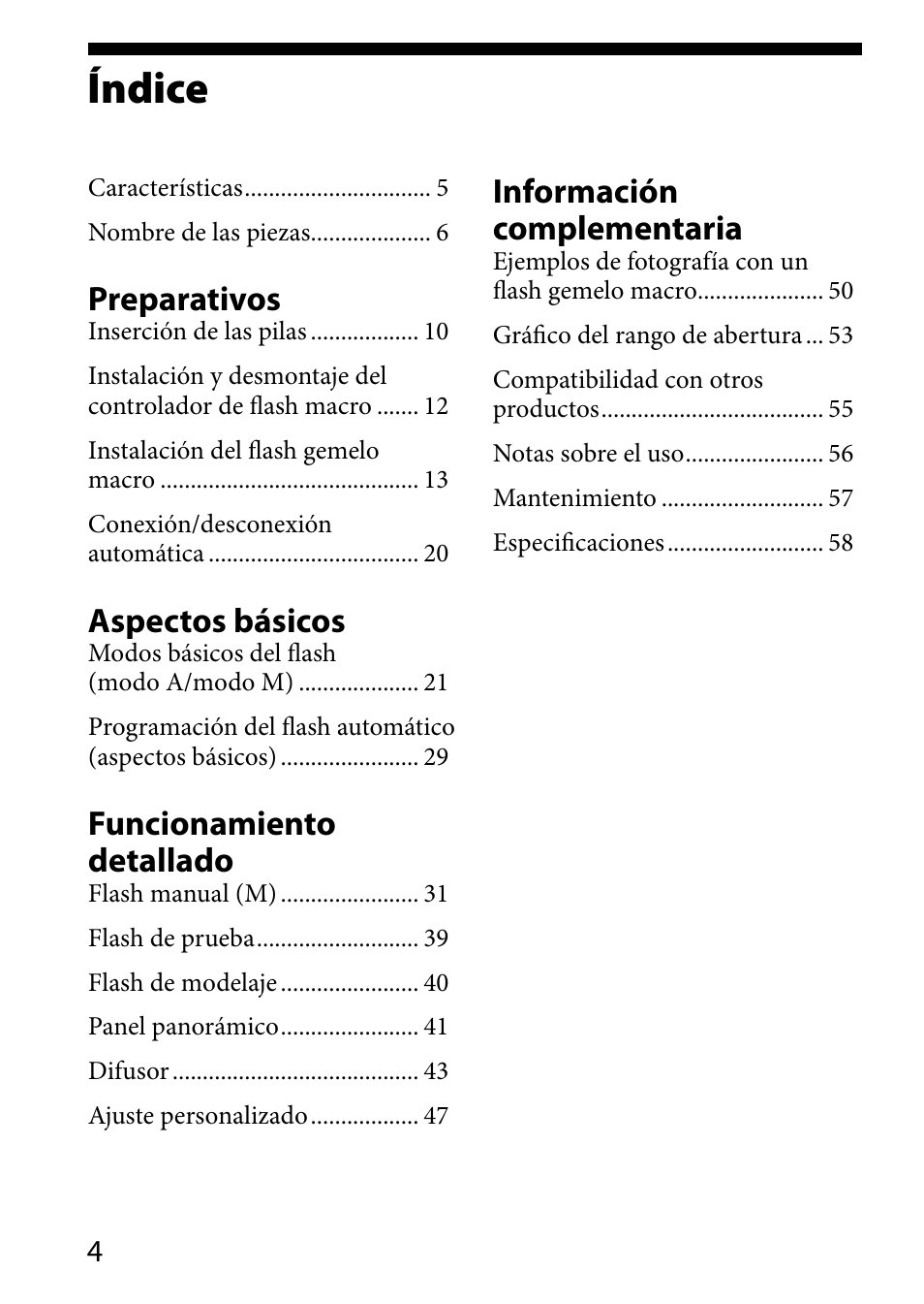 Índice, Preparativos, Aspectos básicos | Funcionamiento detallado, Información complementaria | Sony HVL-MT24AM User Manual | Page 122 / 294