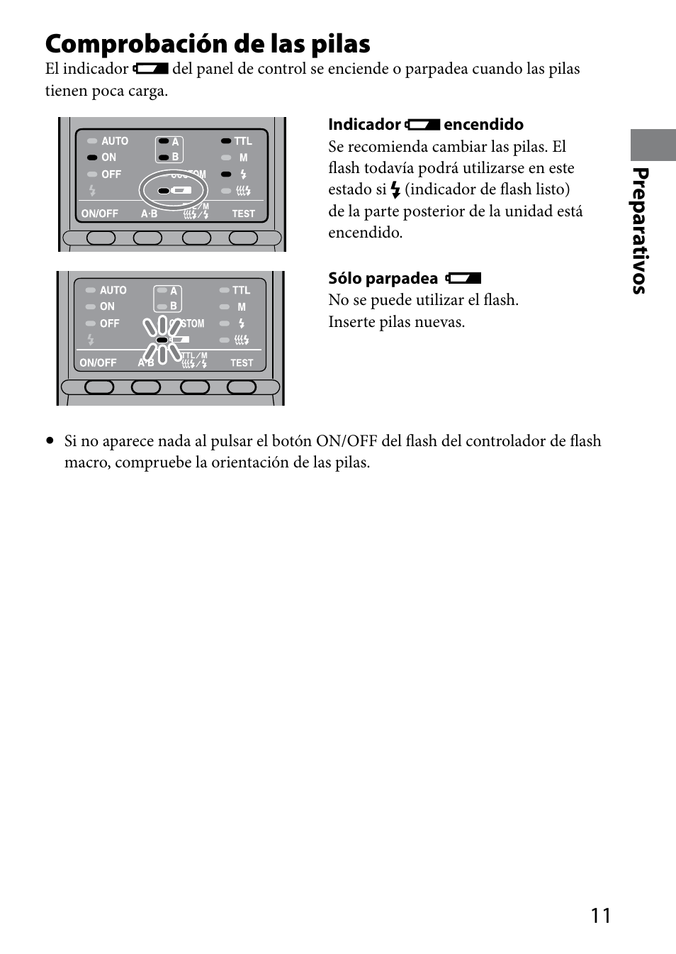 Comprobación de las pilas, 11 pr epar ativ os | Sony HVL-MT24AM User Manual | Page 129 / 294