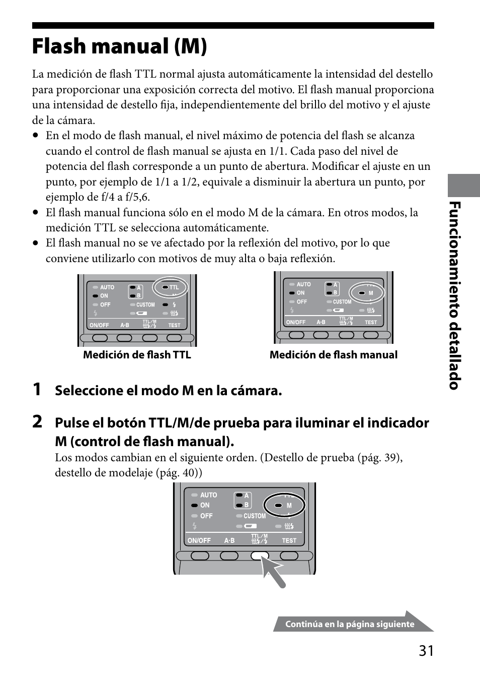 Flash manual (m), 1 funcionamien to detallado | Sony HVL-MT24AM User Manual | Page 149 / 294