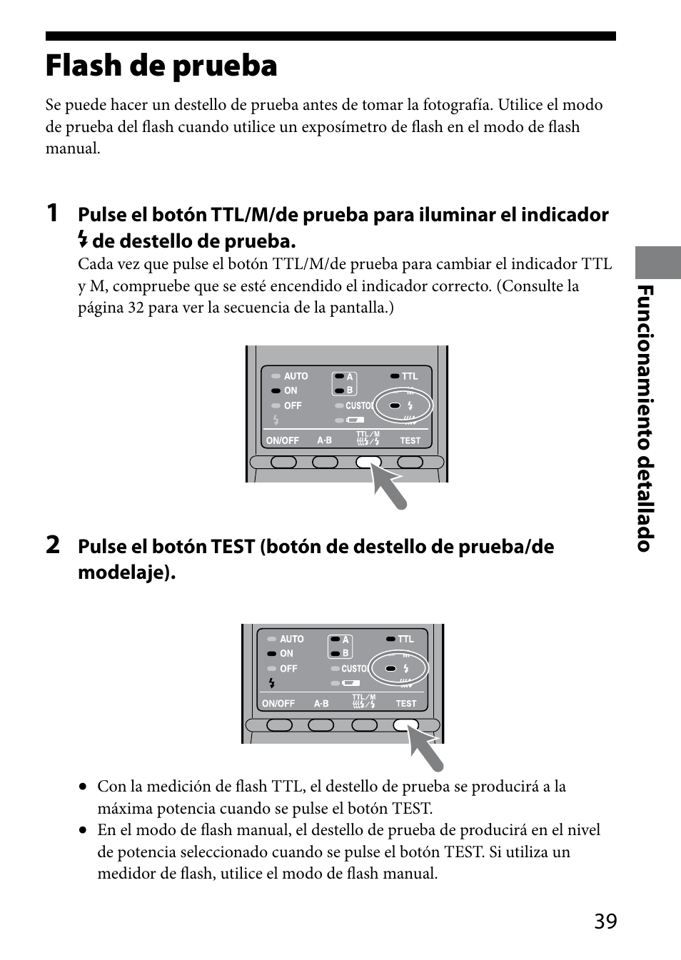 Flash de prueba, Funcionamien to detallado | Sony HVL-MT24AM User Manual | Page 157 / 294