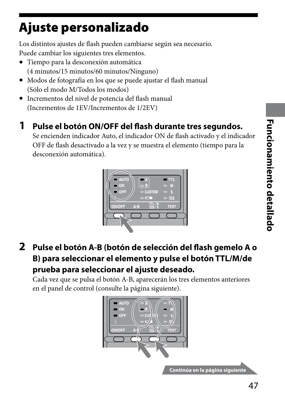Ajuste personalizado, Funcionamien to detallado | Sony HVL-MT24AM User Manual | Page 165 / 294