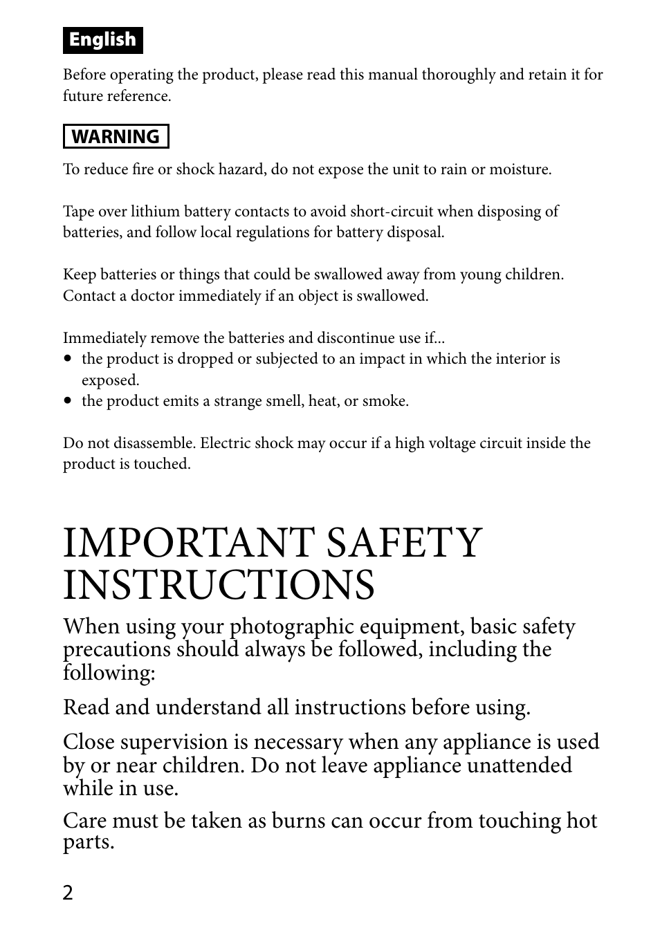 Important safety instructions | Sony HVL-MT24AM User Manual | Page 2 / 294