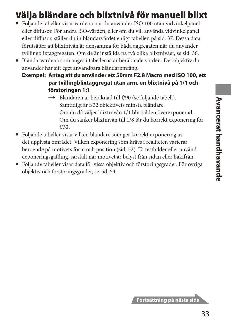 Välja bländare och blixtnivå för manuell blixt, A vanc er at handha vande | Sony HVL-MT24AM User Manual | Page 209 / 294