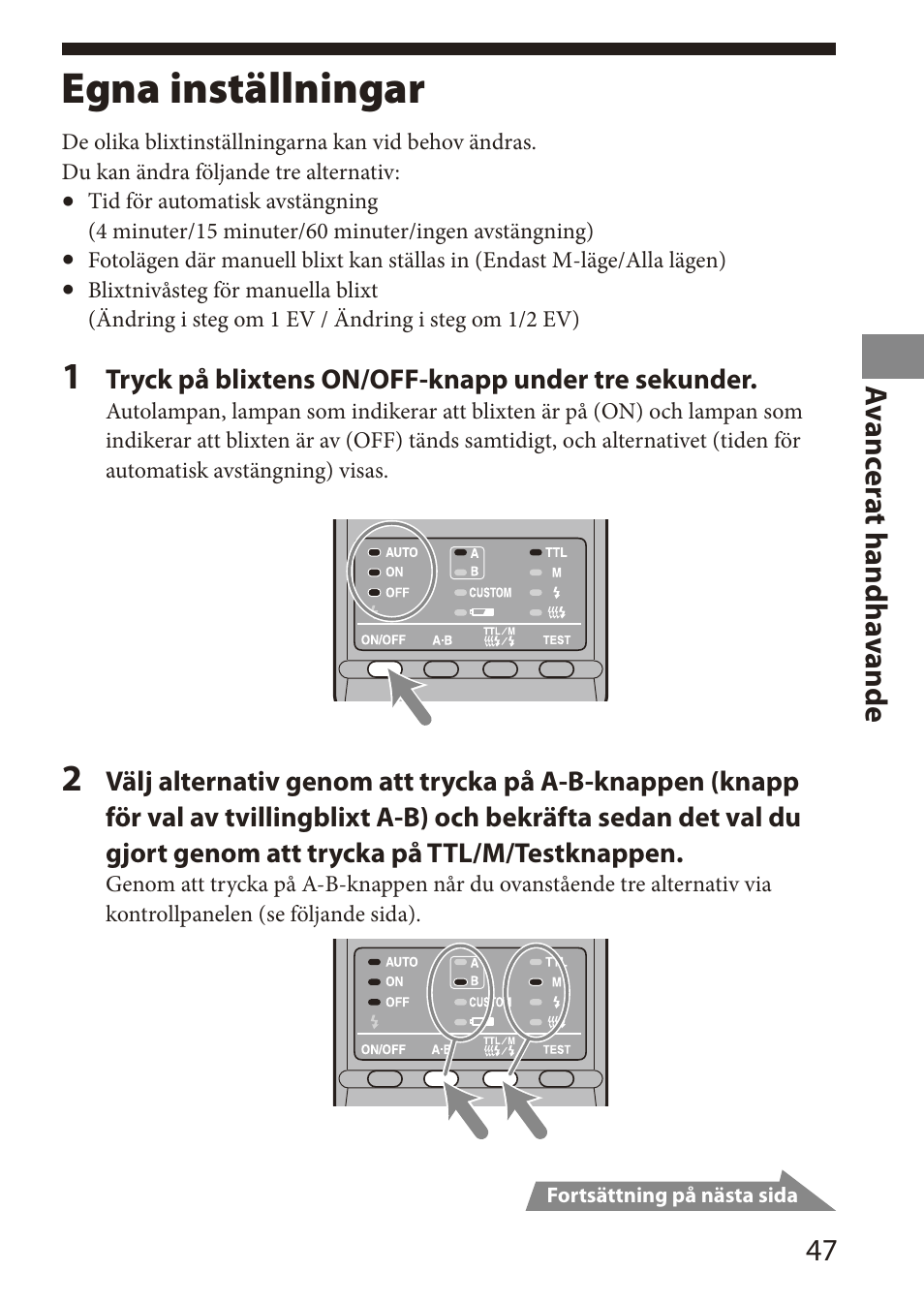 Egna inställningar, A vanc er at handha vande | Sony HVL-MT24AM User Manual | Page 223 / 294