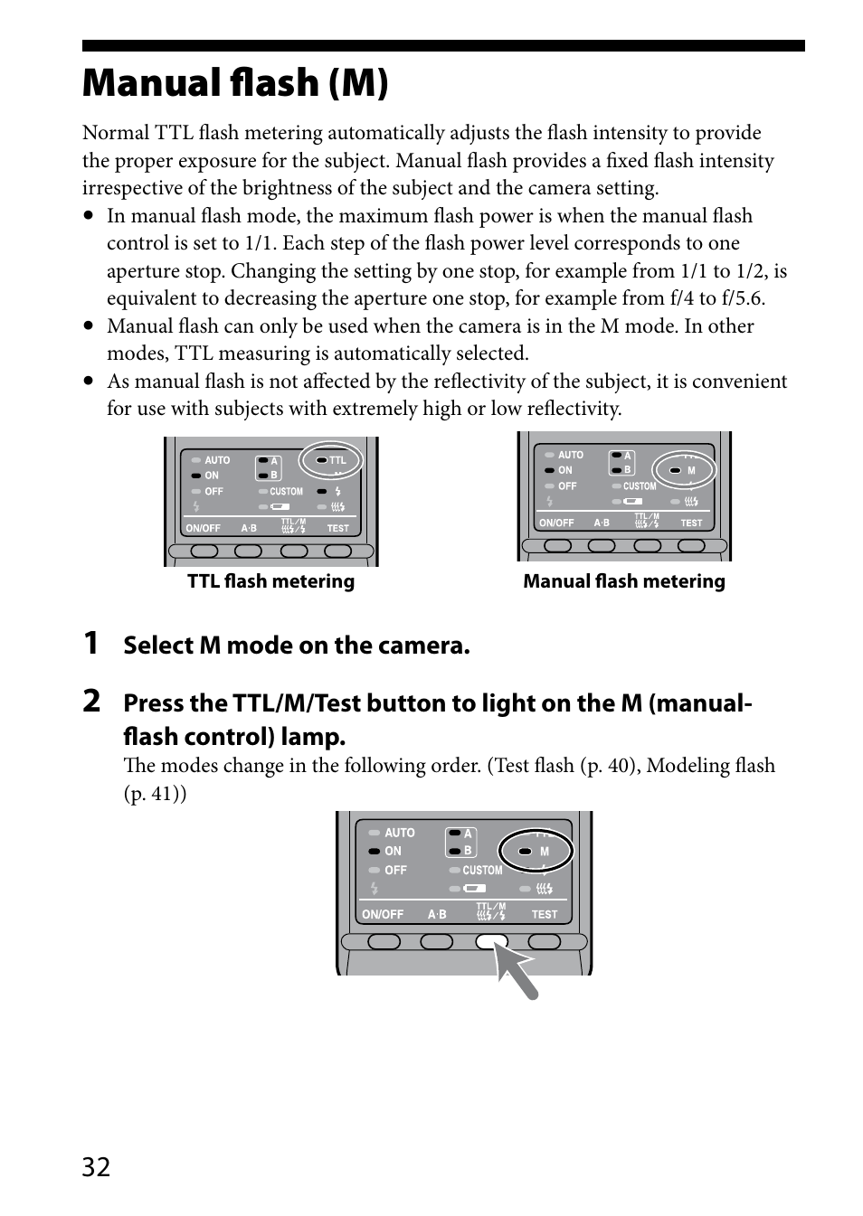 Manual flash (m) | Sony HVL-MT24AM User Manual | Page 32 / 294