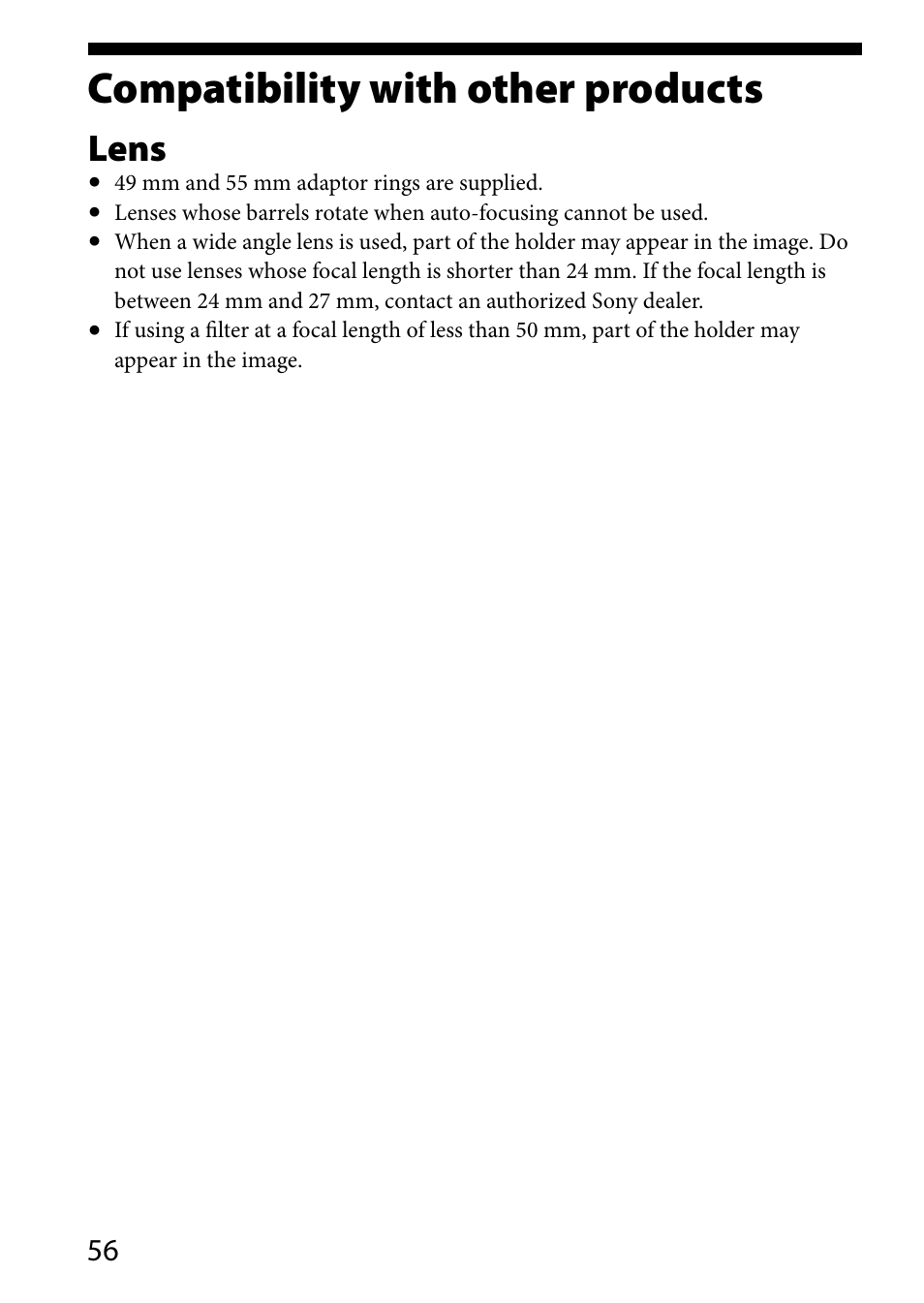 Compatibility with other products, Compatibility with other, Products | Lens | Sony HVL-MT24AM User Manual | Page 56 / 294