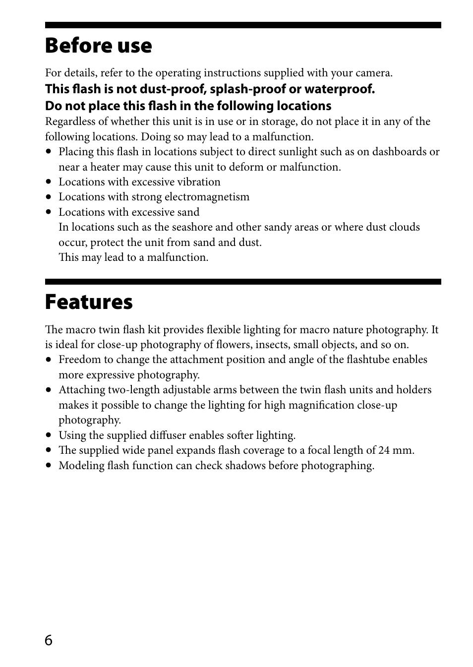 Before use, Features | Sony HVL-MT24AM User Manual | Page 6 / 294