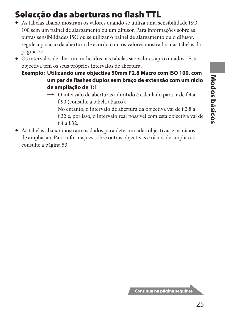 Selecção das aberturas no flash ttl, M odos básic os | Sony HVL-MT24AM User Manual | Page 85 / 294