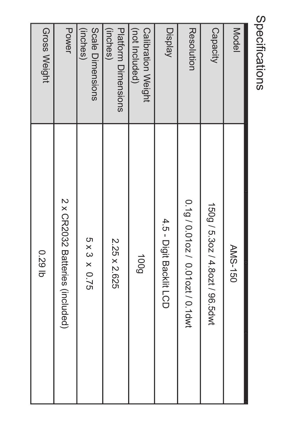 Specifi cations | AMS 150 User Manual | Page 5 / 5