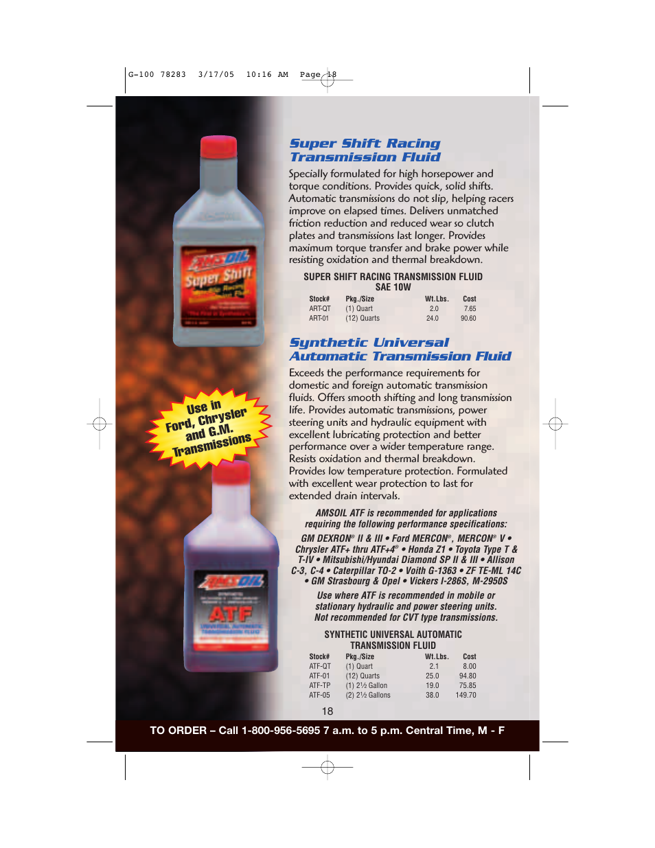 Synthetic universal automatic transmission fluid, Super shift racing transmission fluid, Use in ford, c hrys ler and g .m. trans miss ions | AMS Synthetic Motor Oil User Manual | Page 18 / 40