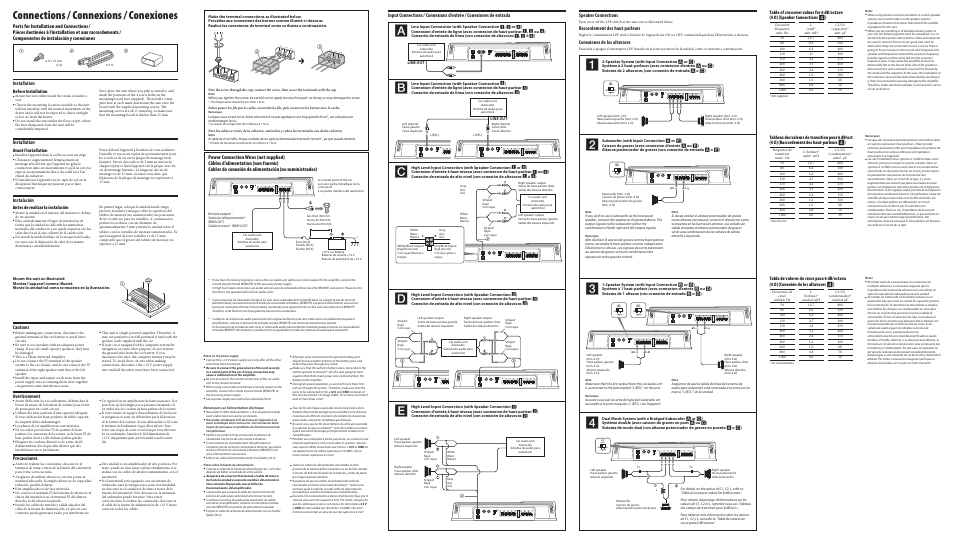 Connections / connexions / conexiones, Speaker connections, Raccordement des haut-parleurs | Conexiones de los altavoces, Installation, Instalación, Cautions, Avertissement, Precauciones, Before installation | Sony XM-GTX6020 User Manual | Page 2 / 2