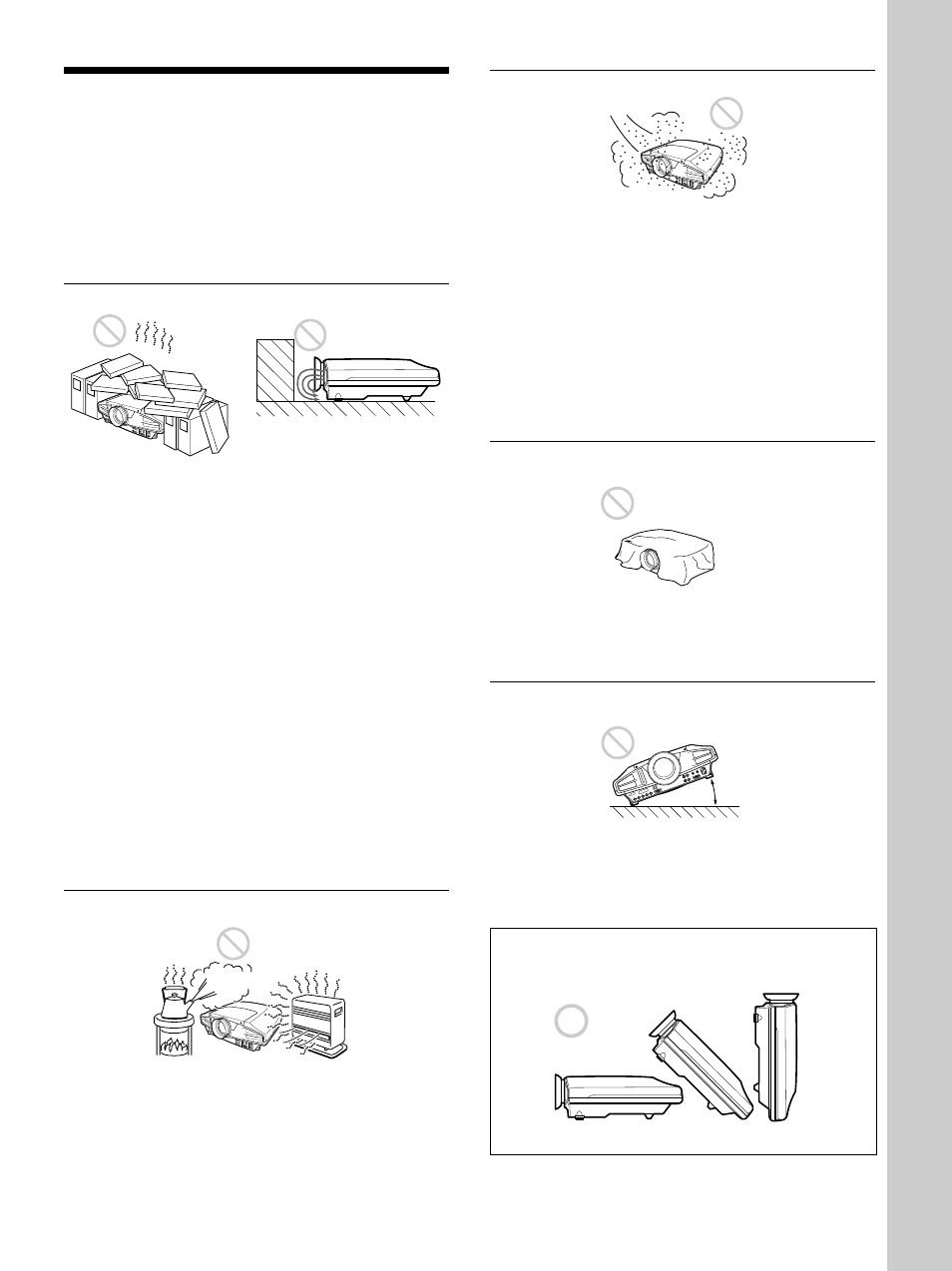 Notes for installation, Notes for installation (gb), Unsuitable installation (gb) | Unsuitable conditions for use (gb), Installation, Unsuitable installation, Unsuitable conditions for use | Sony VPL-FX50 User Manual | Page 29 / 108