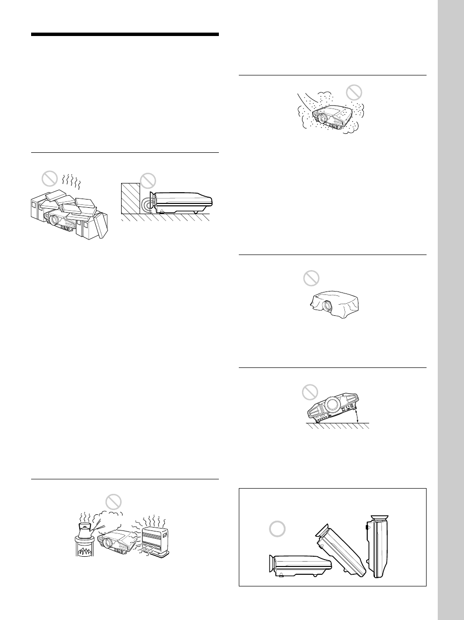 Remarques concernant l’installation, Installation déconseillée, Conditions d’utilisation déconseillées | Remarques concernant l’installation (fr), Installation déconseillée (fr), Conditions d’utilisation déconseillées (fr), Installation | Sony VPL-FX50 User Manual | Page 63 / 108