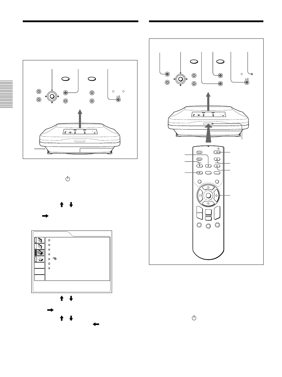 Selección del idioma del menú, Proyección, Selección del idioma del menú (es) | Proyección (es), Pulse la tecla i / 1 para activar la alimentación, Pulse la tecla menu. aparecerá el menú | Sony VPL-FX50 User Manual | Page 86 / 108