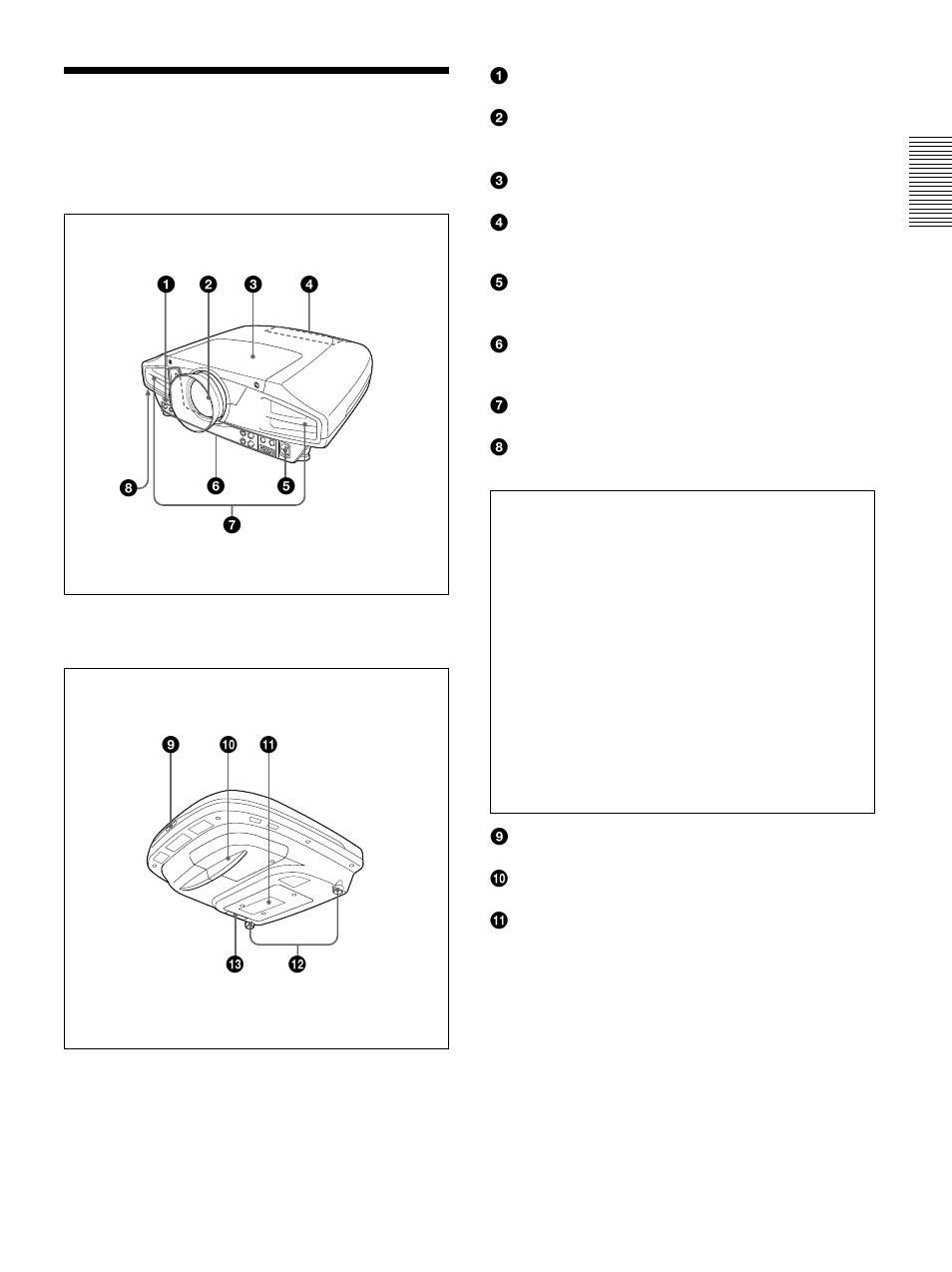 Location and function of controls, Front, Rear/bottom | Location and function of controls (gb), Front (gb), Rear/bottom (gb) | Sony VPL-FX50 User Manual | Page 9 / 108