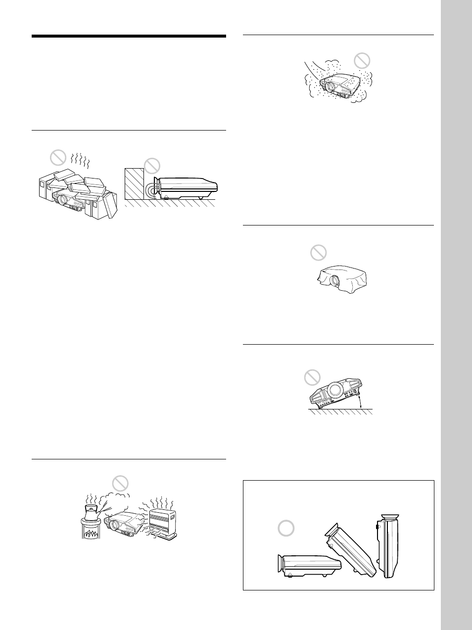 Notas para la instalación, Instalación inadecuada, Condiciones de uso inadecuadas | Notas para la instalación (es), Instalación inadecuada (es), Condiciones de uso inadecuadas (es), Instalaci ó n | Sony VPL-FX50 User Manual | Page 97 / 108