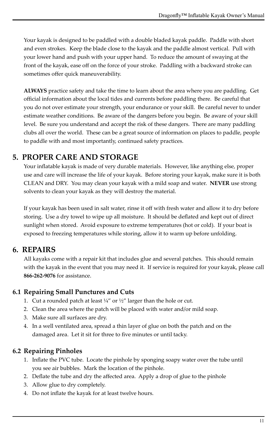 Proper care and storage, Repairs | Advanced Elements DRAGONFLY AE1001 User Manual | Page 11 / 16