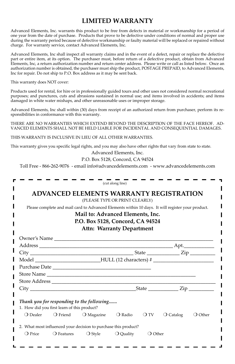 Limited warranty, Advanced elements warranty registration | Advanced Elements DRAGONFLY AE1001 User Manual | Page 15 / 16