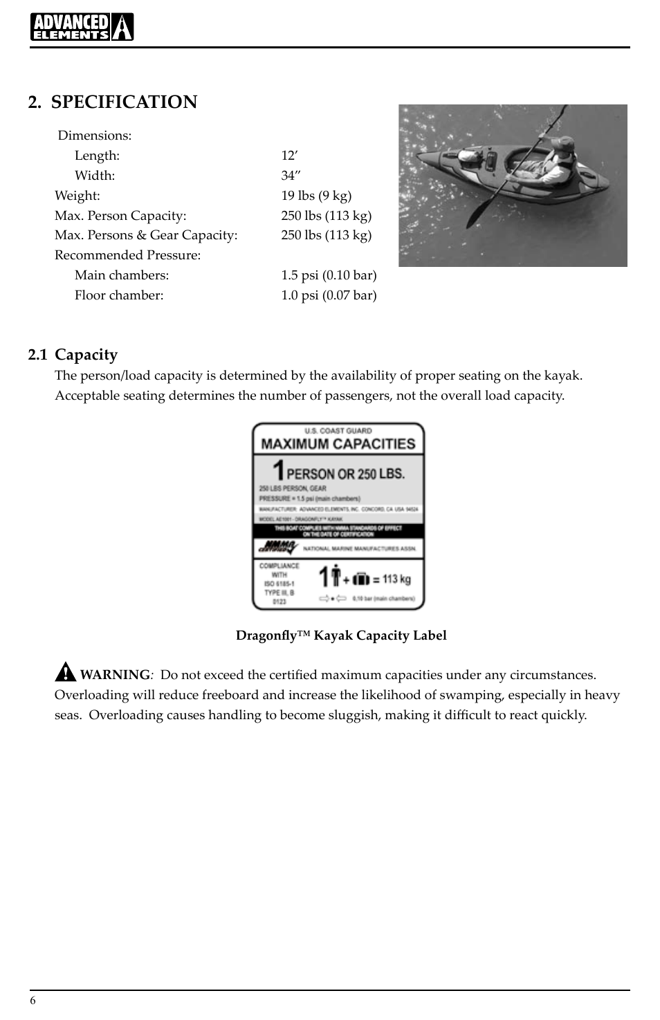 Specification, 1 capacity | Advanced Elements DRAGONFLY AE1001 User Manual | Page 6 / 16
